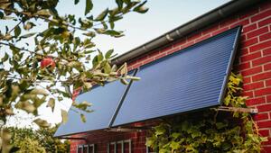 Zwei an einer roten Backsteinwand montierte Solarpaneele, umgeben von grünen Pflanzen