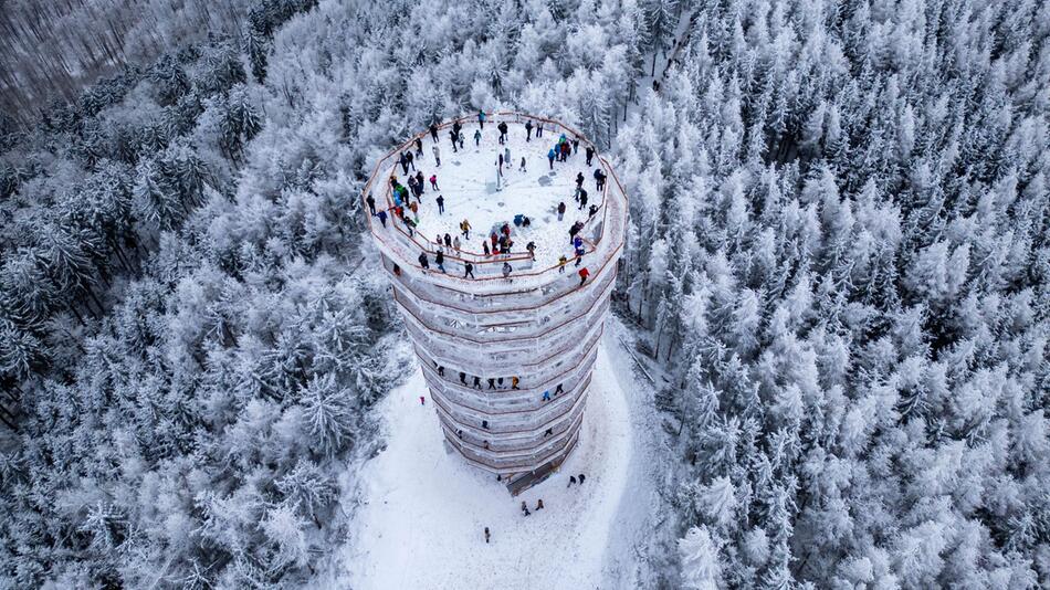 Drohnenbild des Aussichtsturms auf dem Großen Wildberg