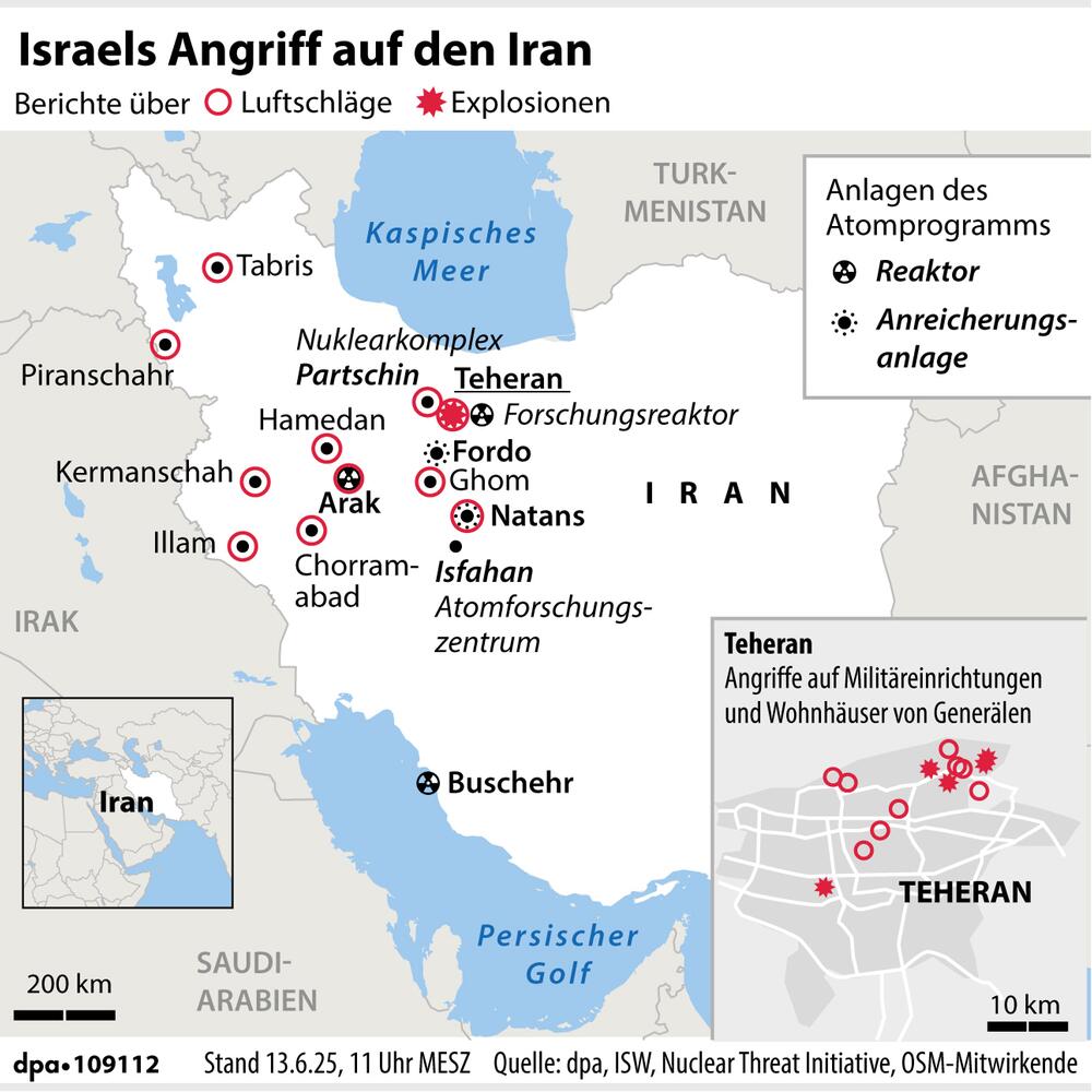 Grafik-Karte: "Angegriffene Ziele im Iran"