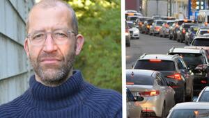 Porträt von Boris von Heesen (links), Straße mit dichtem Autoverkehr (rechts)