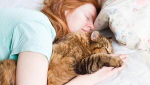 Eine junge Frau und eine Katze schlafen.