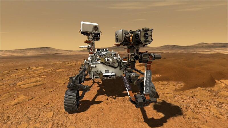 Der Marsrover Curiosity fährt auf dem Mars und sammelt Gesteinsproben.