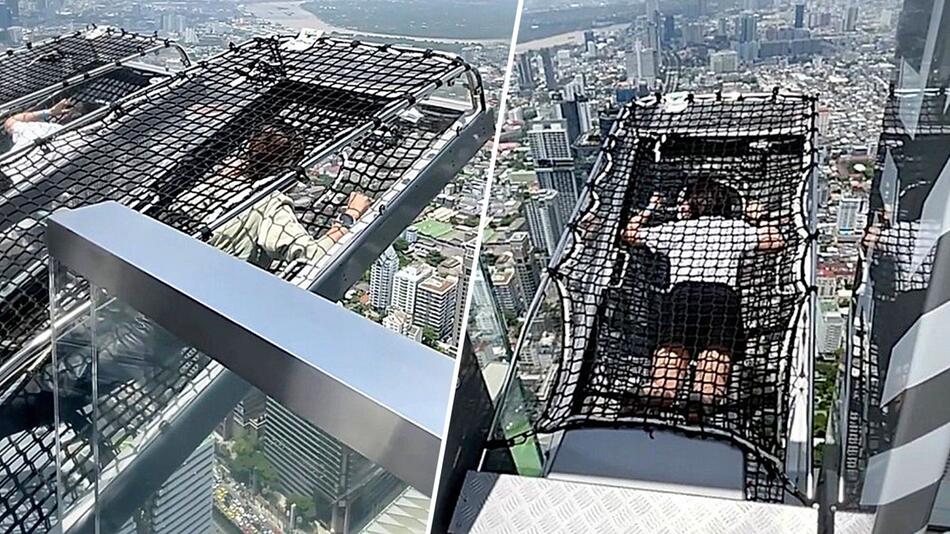 Kopfüber am Wolkenkratzer: Touristinnen hängen über Thailands Hauptstadt