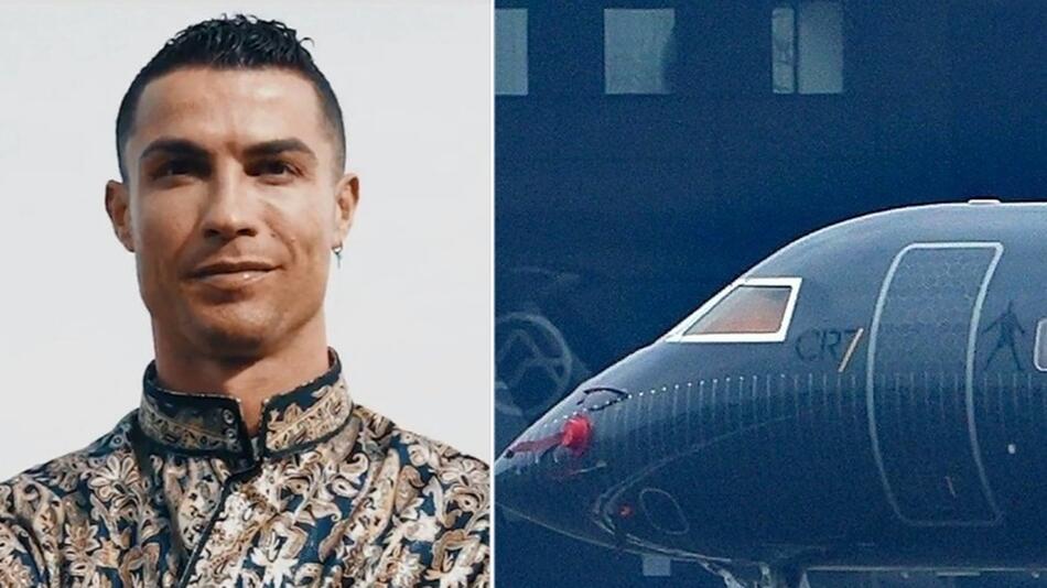 Der Privatflieger von Cristiano Ronaldo - verziert mit seinem Kürzel und seiner Torjubelpose ...