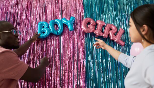 Gender Reveal Vorhang mit jungem Paar davor. 