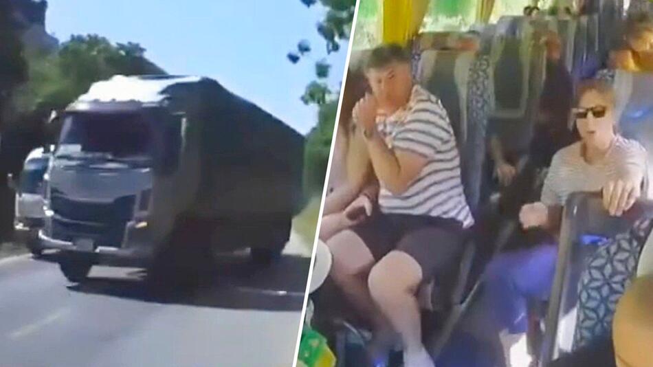 Frontalzusammenstoß mit Lkw verhindert: Touristen in Bus bedanken sich bei Fahrer