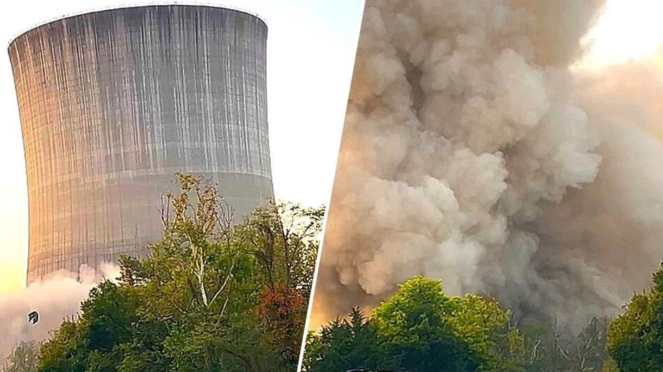 Dem Erdboden gleichgemacht: Atomkraftwerk-Kühlturm fällt in sich zusammen