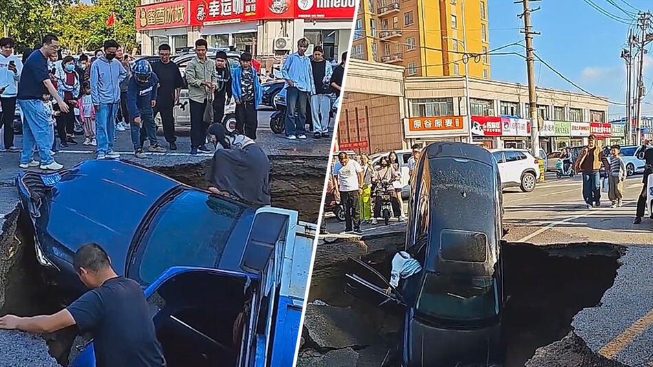 Straße öffnet sich: Gigantisches Senkloch verschlingt Fahrzeuge in China