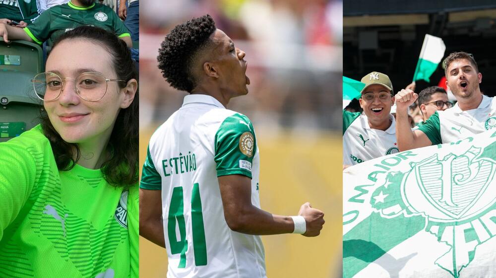 V.l.n.r.: PELEJA-Journalistin Julia Ferratoni, Estêvão bei der Klub-WM, Palmeiras-Fans in den USA.