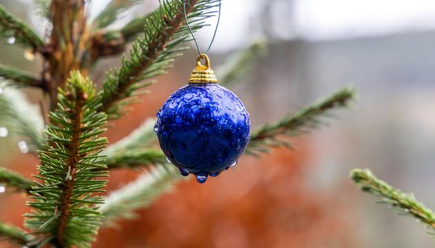 Christbaumkugel an einem Baum, regenerisches Wetter