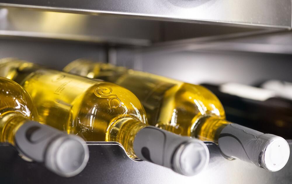Weißweinflaschen liegen in einem Weinkühlschrank