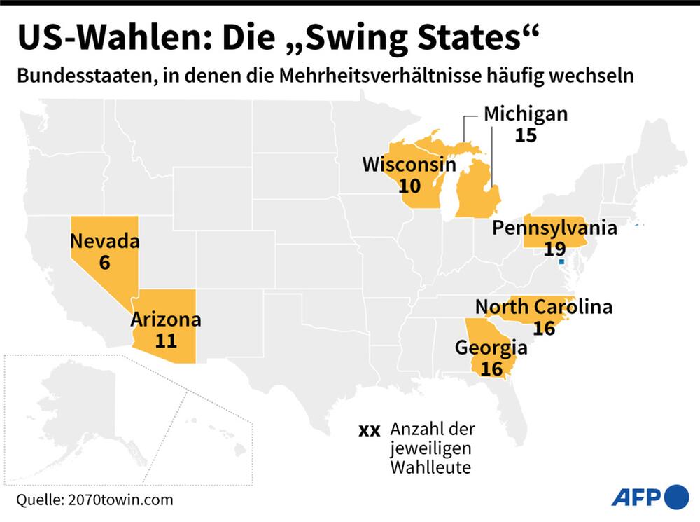 In diesen US-Bundesstaaten könnte sich die Wahl entscheiden. Karte mit den "Swing States".