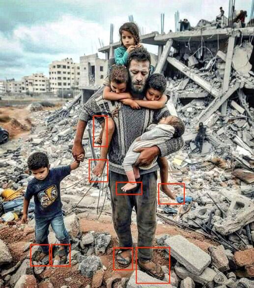 Daran lässt sich erkennen, dass dieses Bild von einem Mann in Gaza mithilfe von KI erstellt wurde 