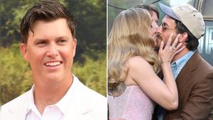 Colin Jost (l.) sieht die Red-Carpet-Küsse seiner Frau Scarlett Johansson und Jonathan Bailey ...