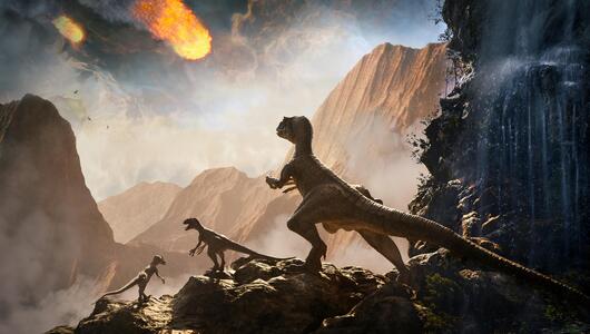 Raptor Dinosaurier beobachtet Asteroideneinschlag