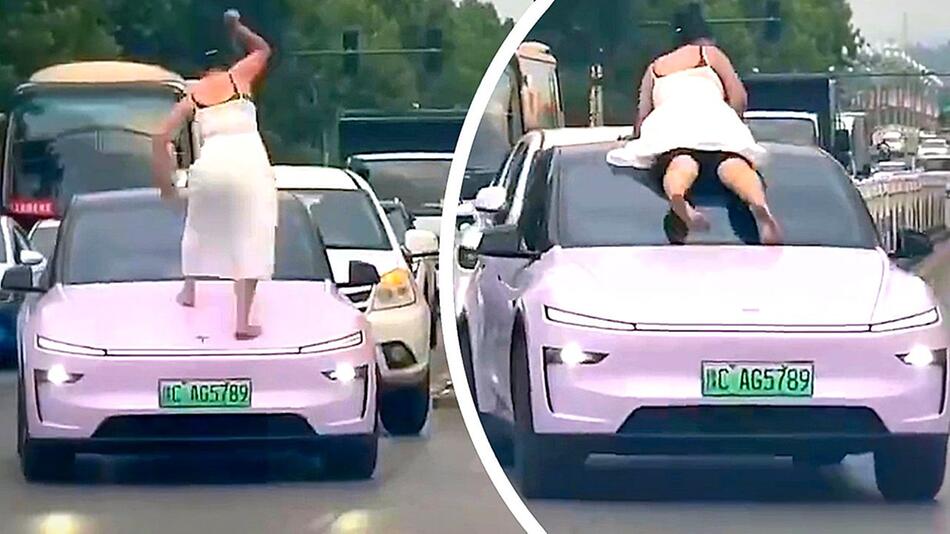Frau klettert auf rosa Tesla und fährt auf Windschutzscheibe mit